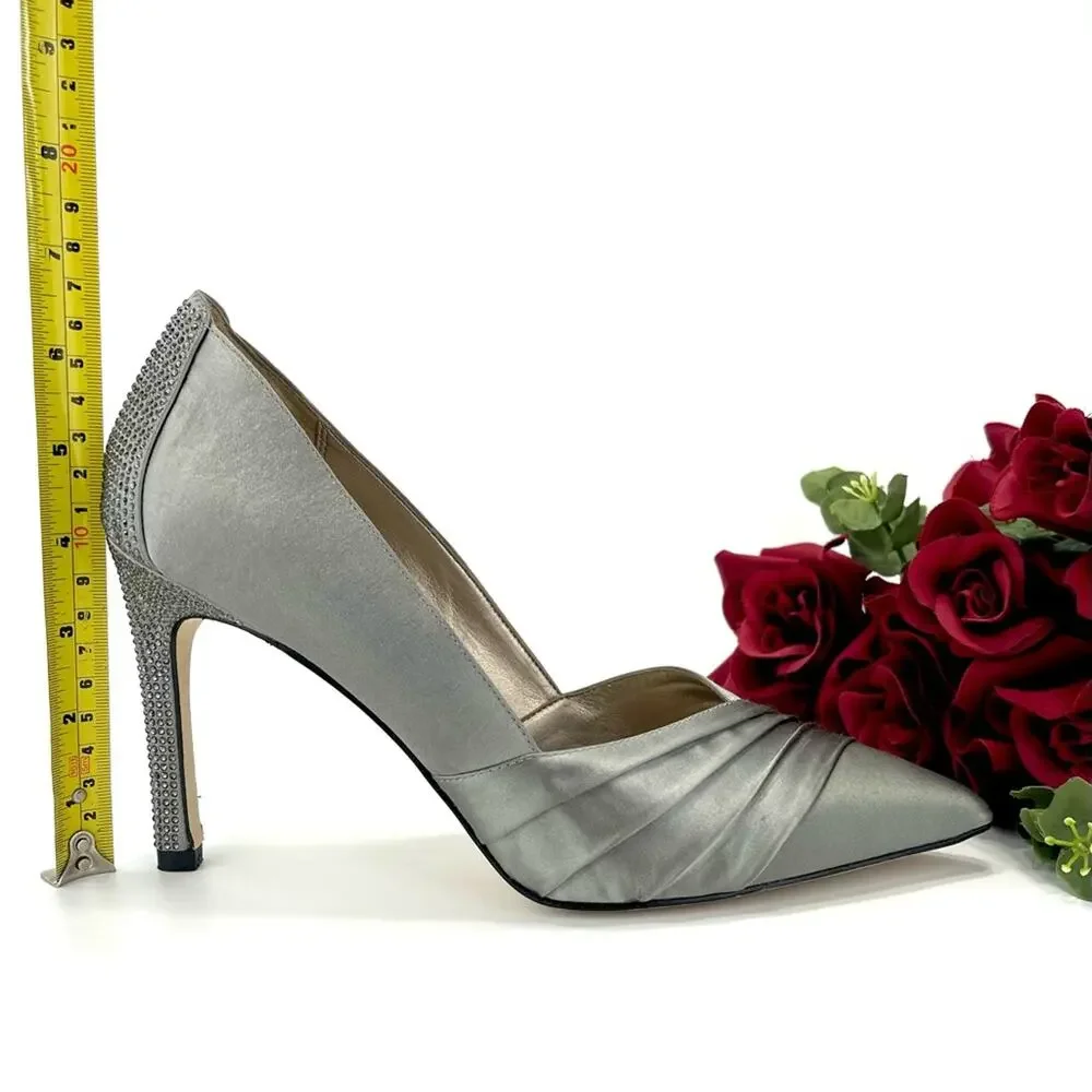 Pelle Moda Stiletto Pump Silver/Gray Satin Sparkly Rhinestone Along The Heel New